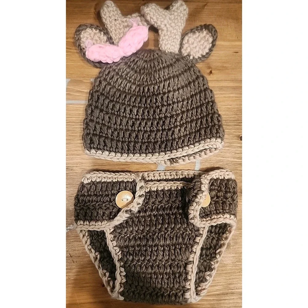 CROCHET CHRISTMAS‎ REINDEER BABY HAT DIAPER SET Infant Beanie Photo Prop 0-6